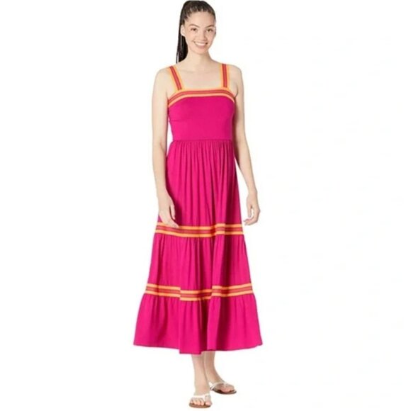 Ted Baker London Norabel Tiered Jersey Vest Dress Midi Bright Pink Stripe Trim X - Picture 2 of 11